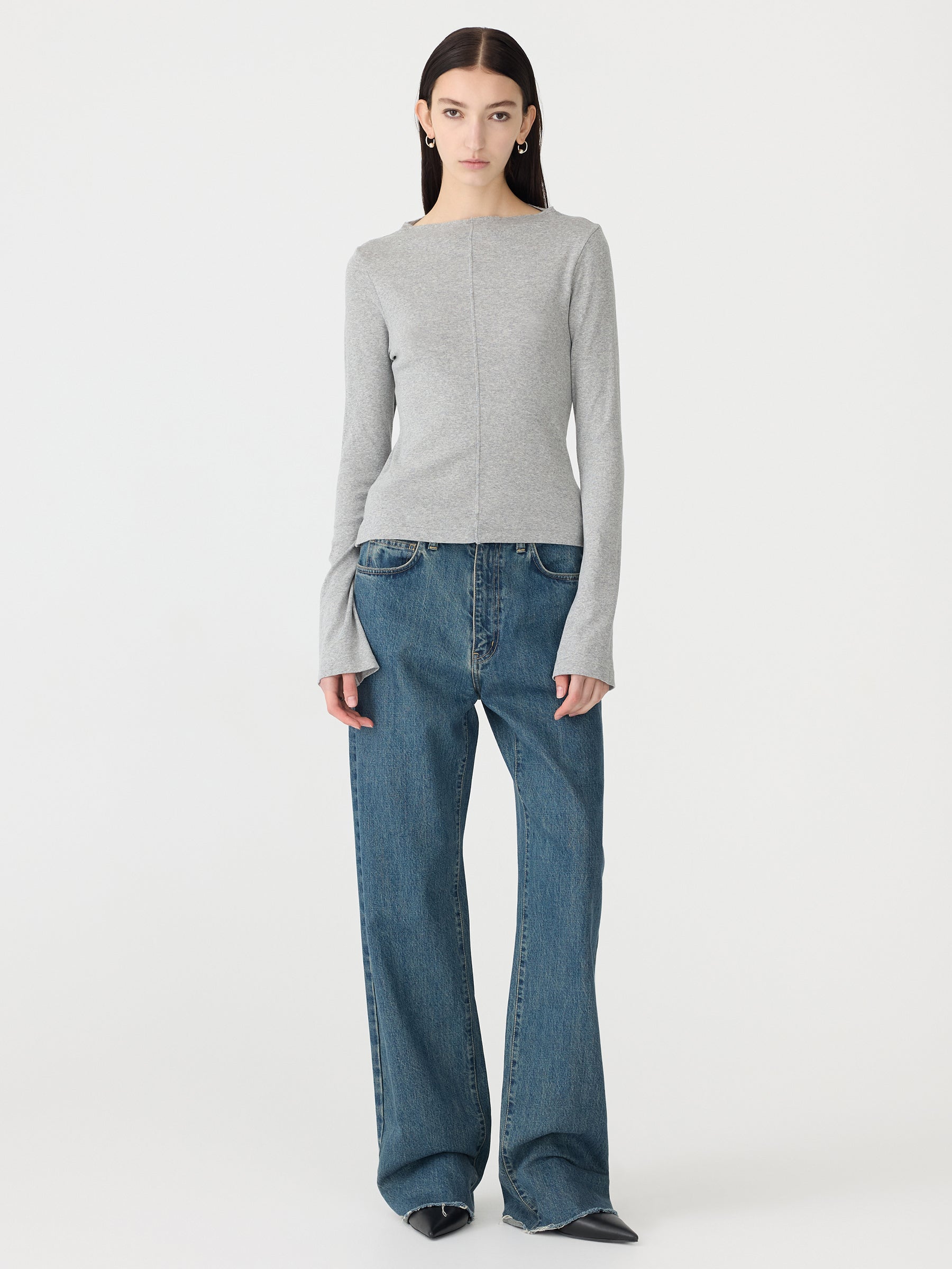 Front Seam Rib Long Sleeve T-Shirt, Grey marle
