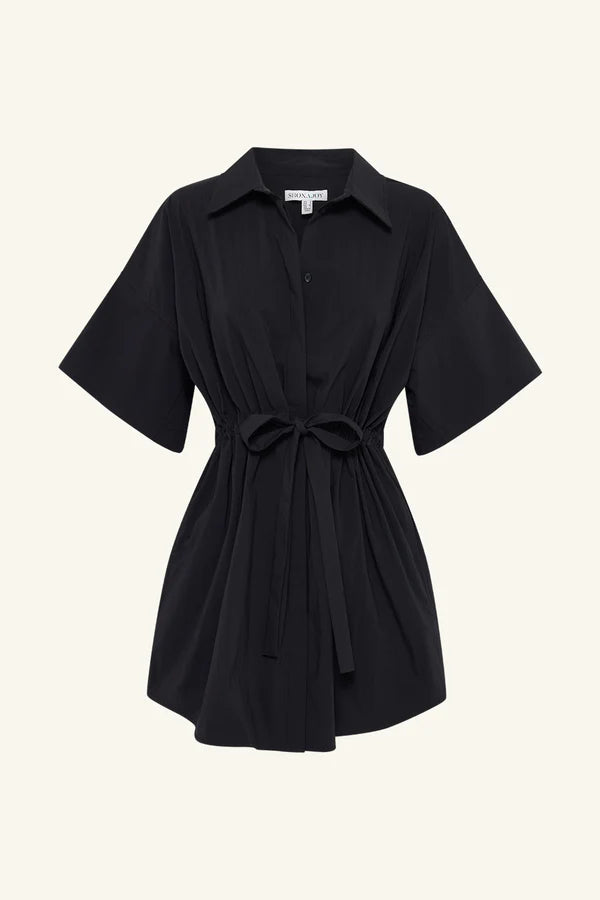campbell short sleeve drawstring shirt dress - black