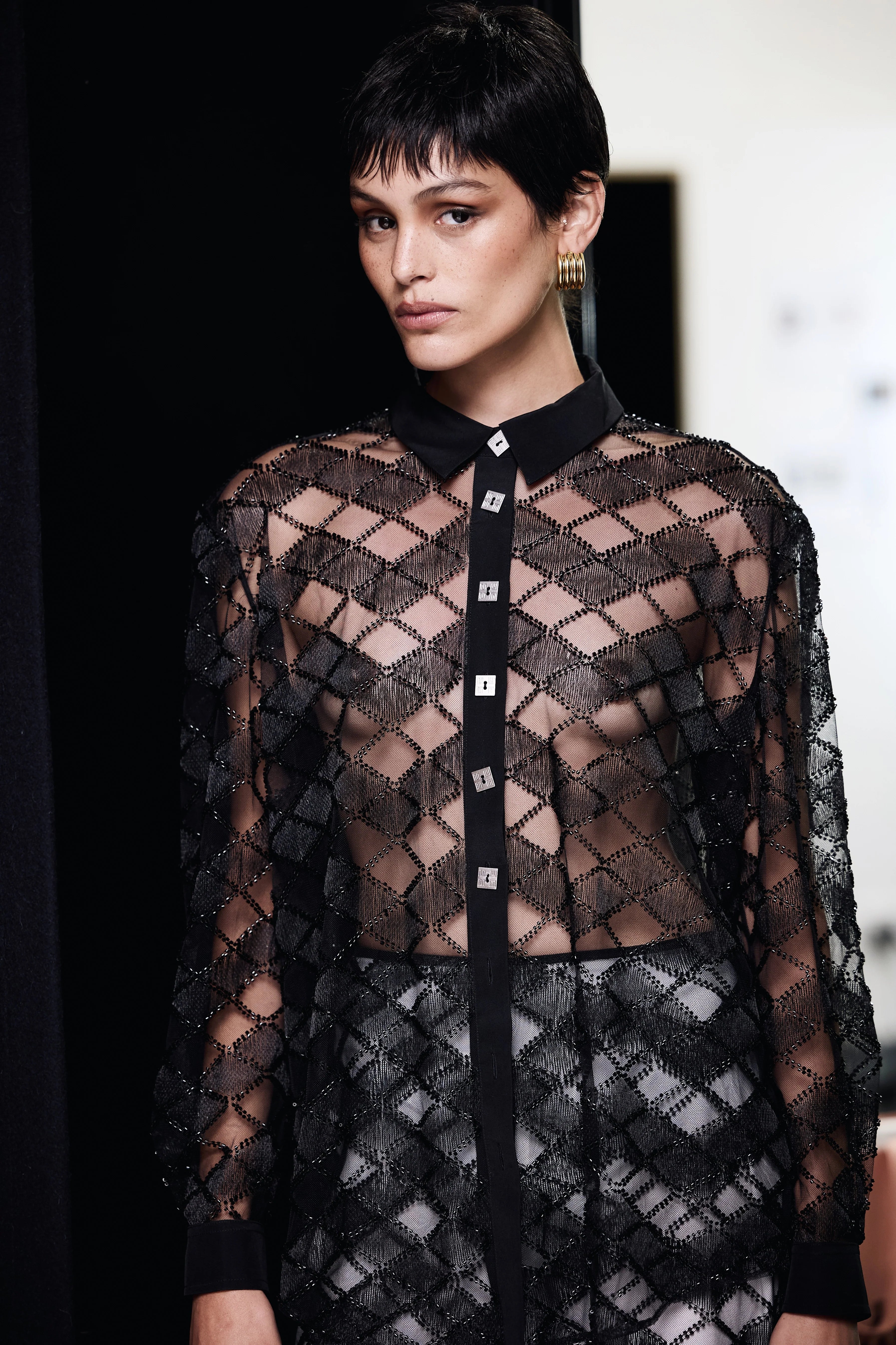 beaded lace long sleeve shirt, black