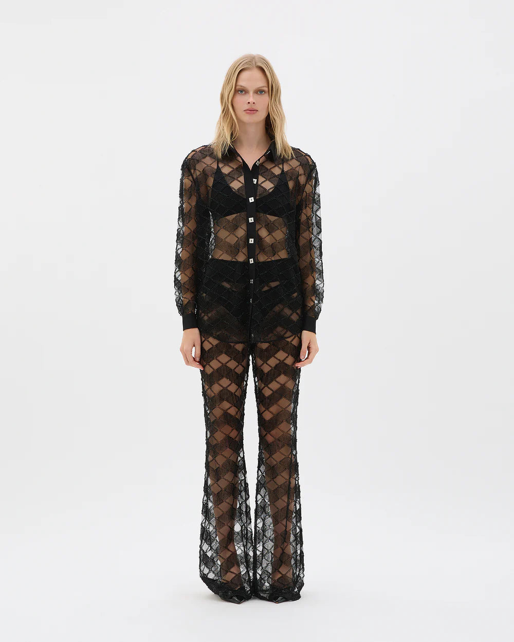 beaded lace long sleeve shirt, black