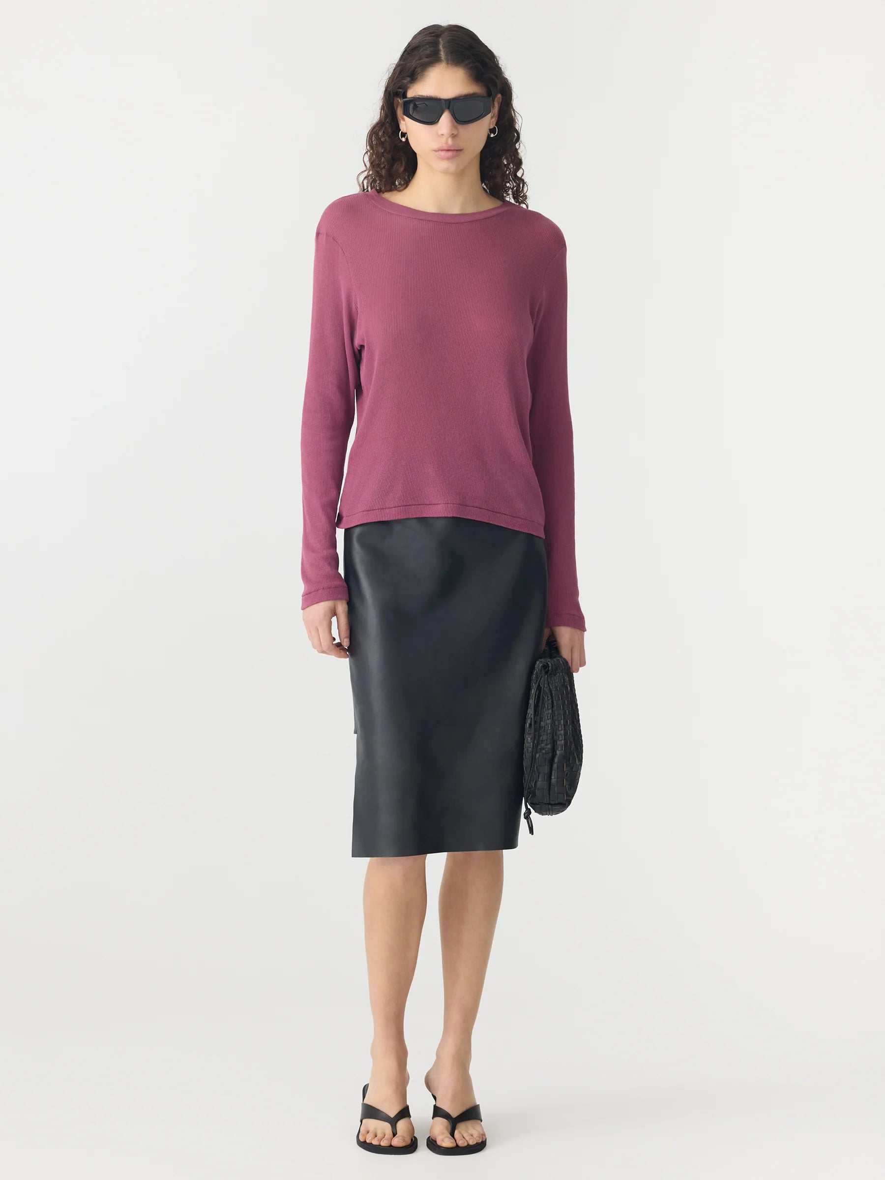 Sheer Rib Long Sleeve T-Shirt, Plum