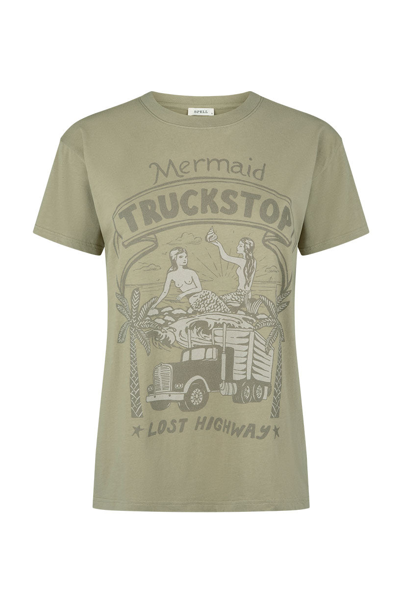 Mermaid truckstop biker tee, khaki