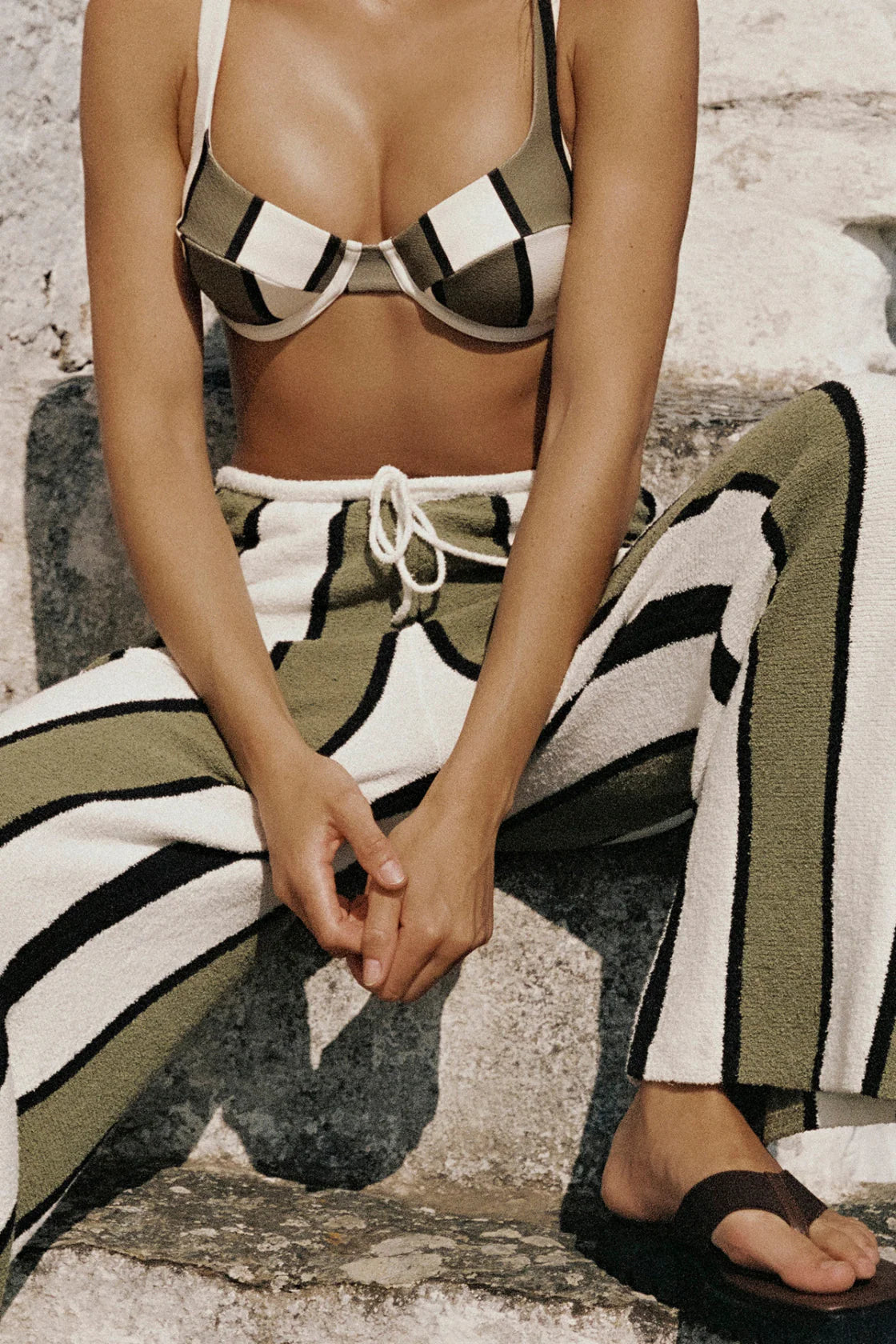 Olive stripe textured knit pant