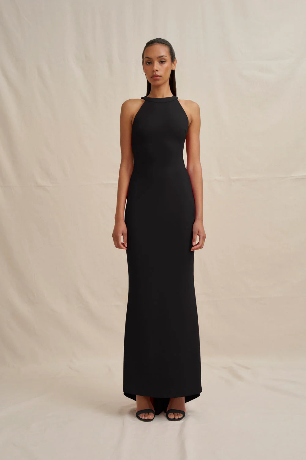 Velora open back jersey gown, black