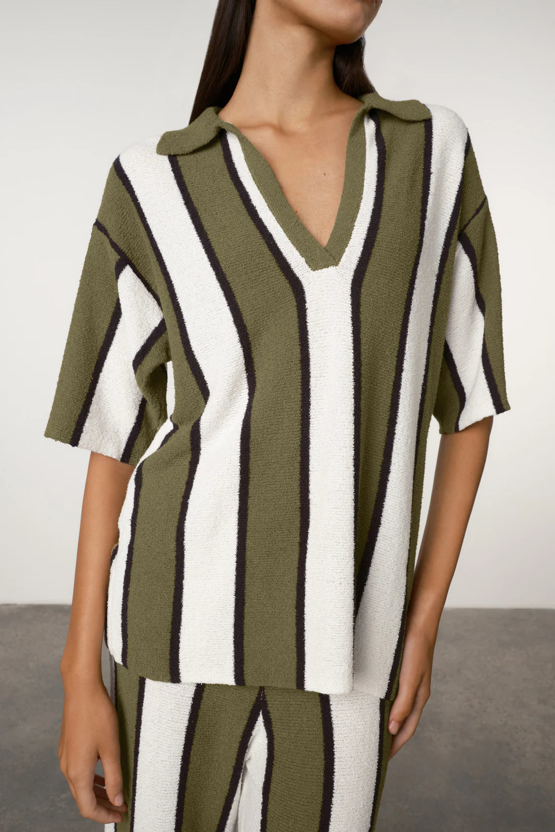 Olive stripe textured knit shirt,