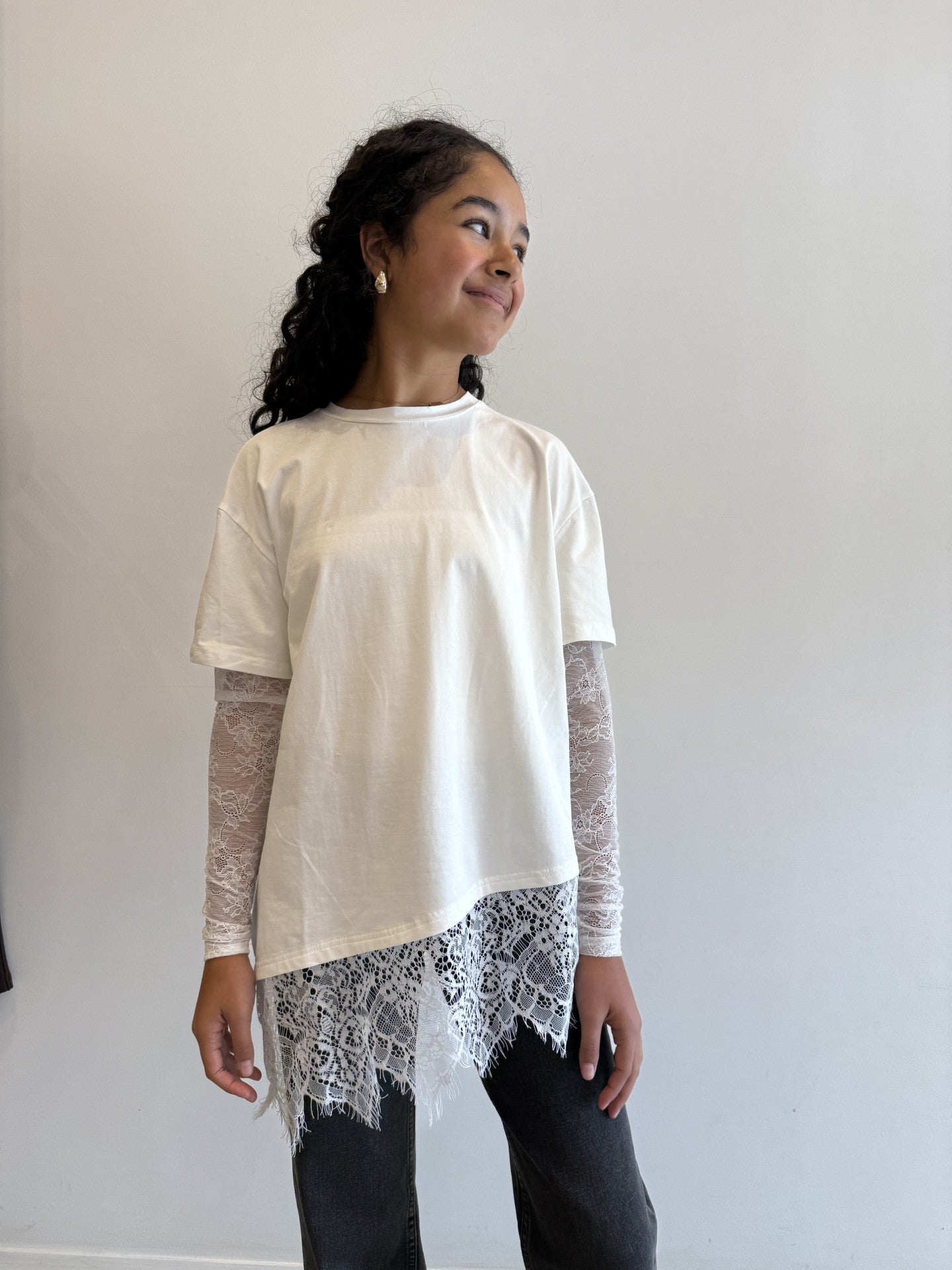 Lace sleeve tee, white