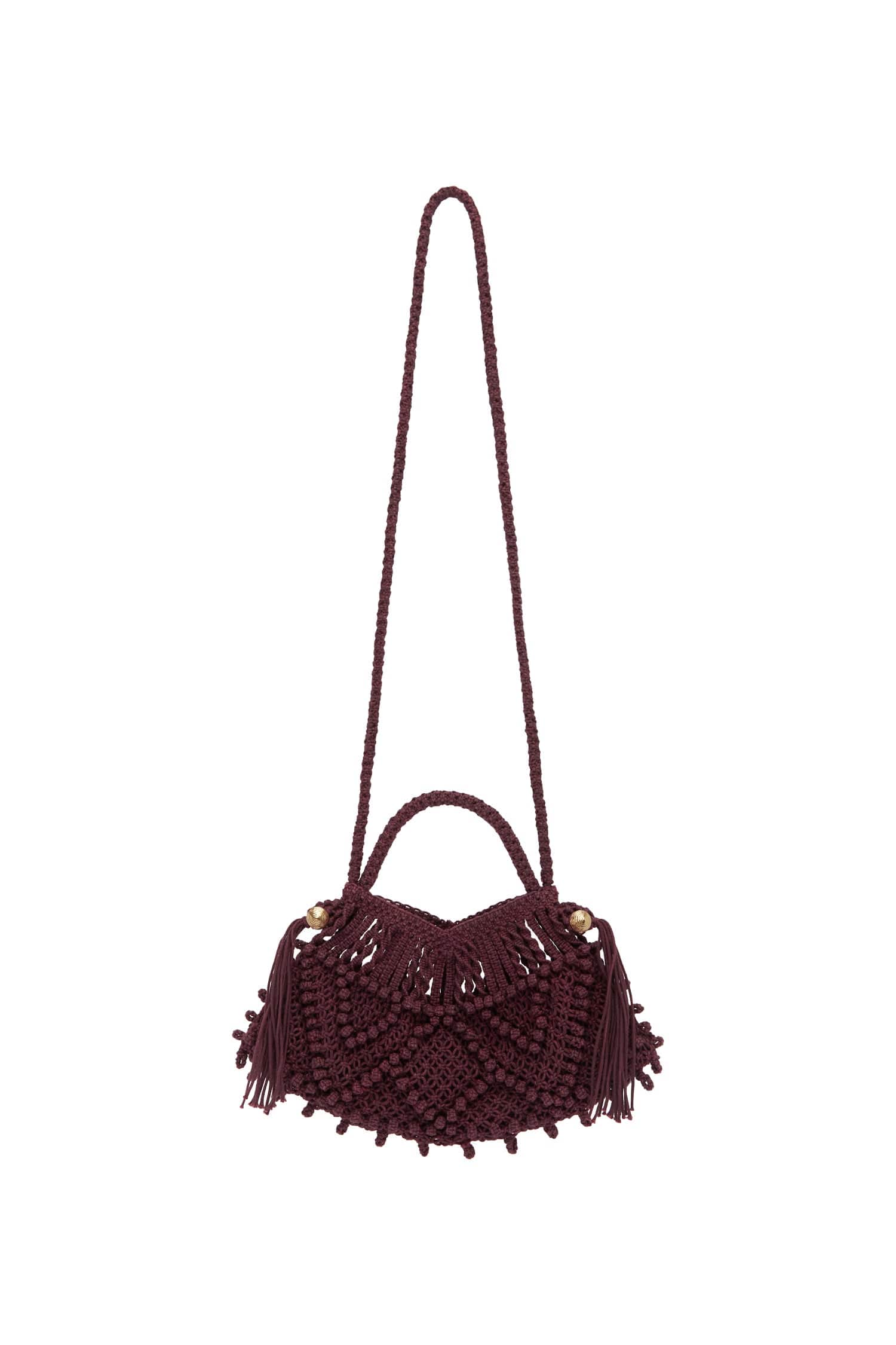 macrame crescent bag, bordeaux