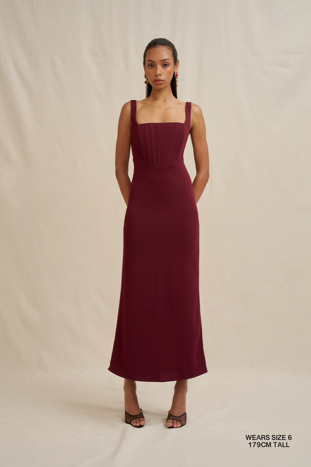 Basia bodice midi dress, burgandy
