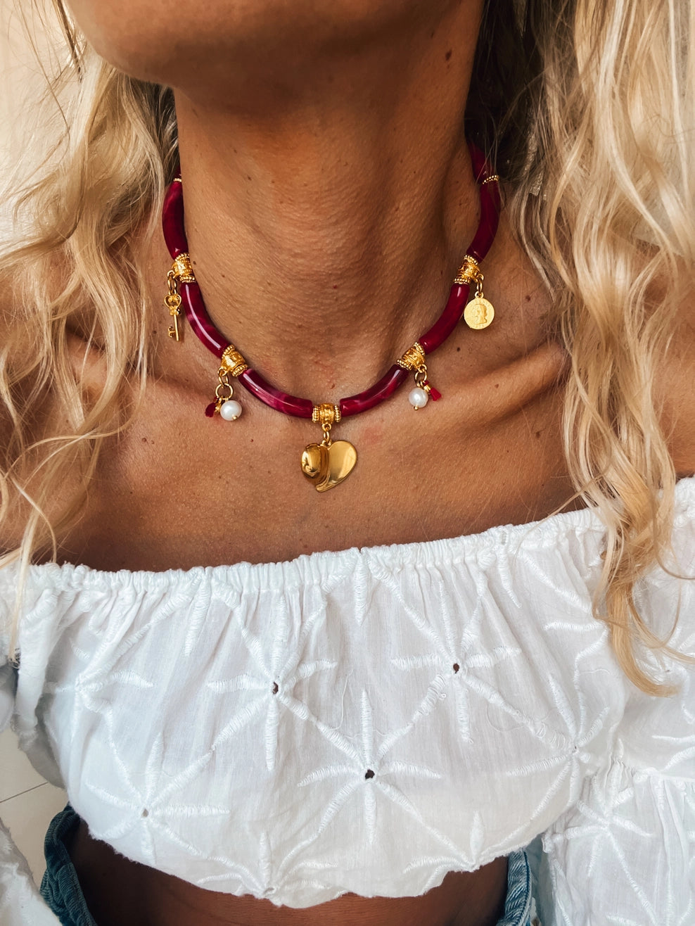 Resin tube necklace w/ charms, cherry red