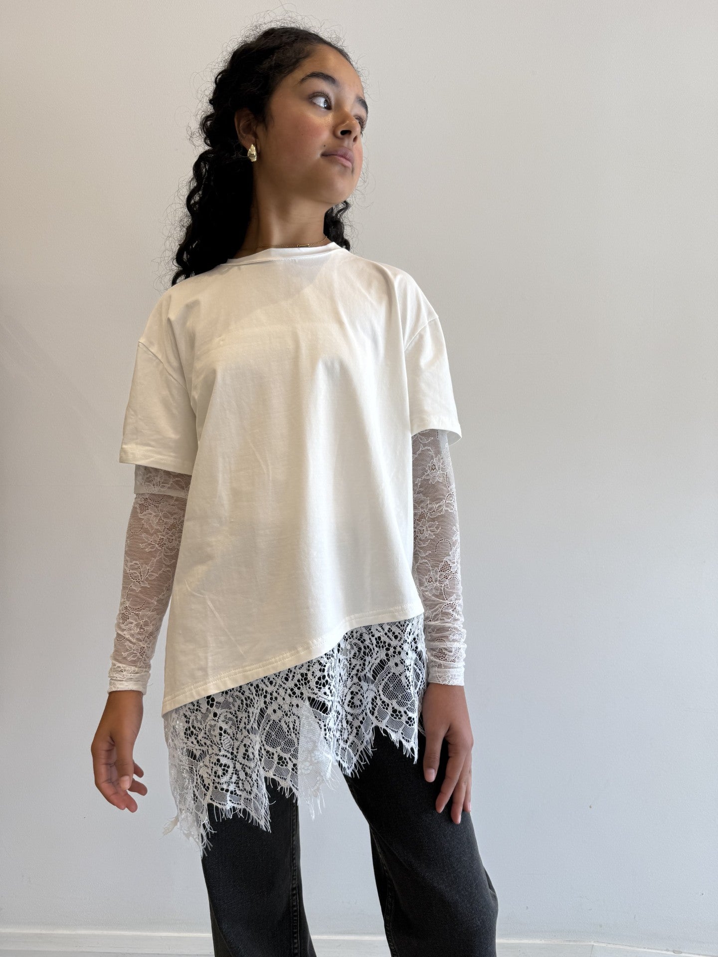 Lace sleeve tee, white