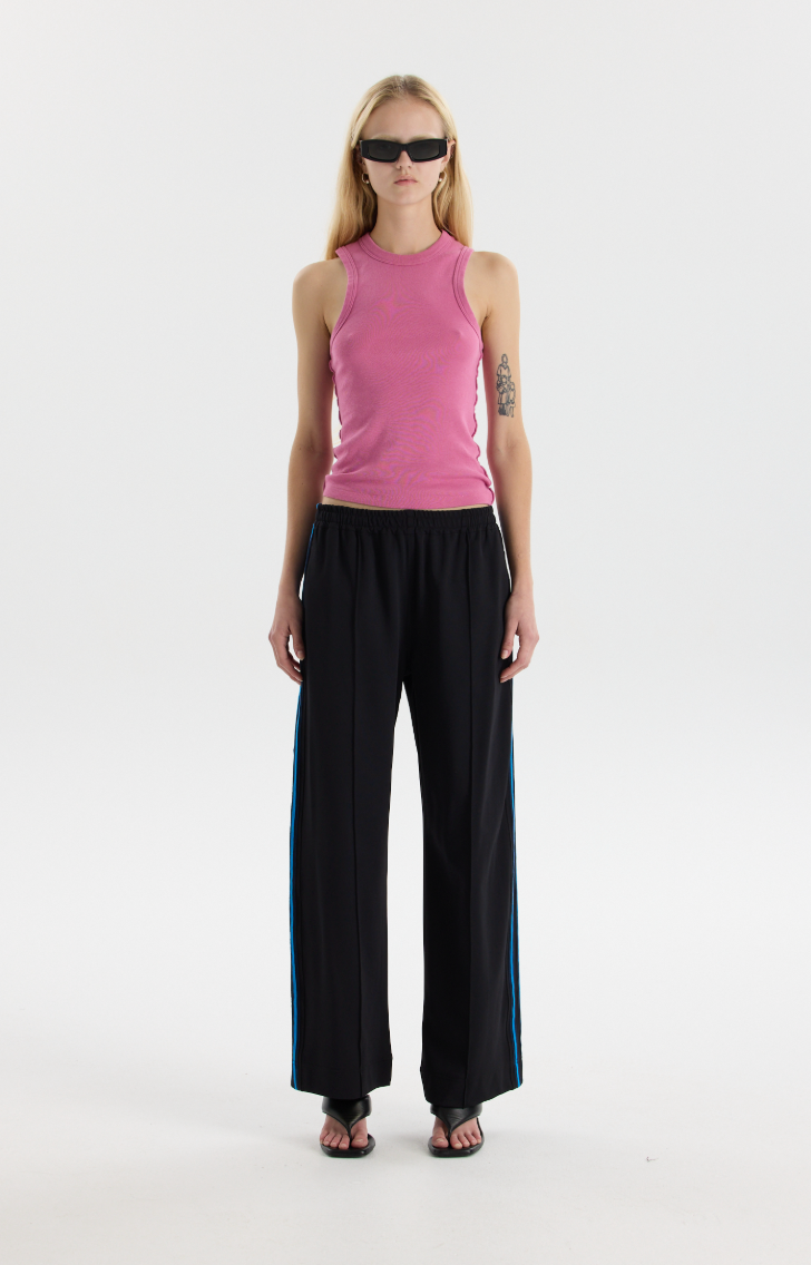 Double stripe wide leg pant, black/cobalt & ink stripe