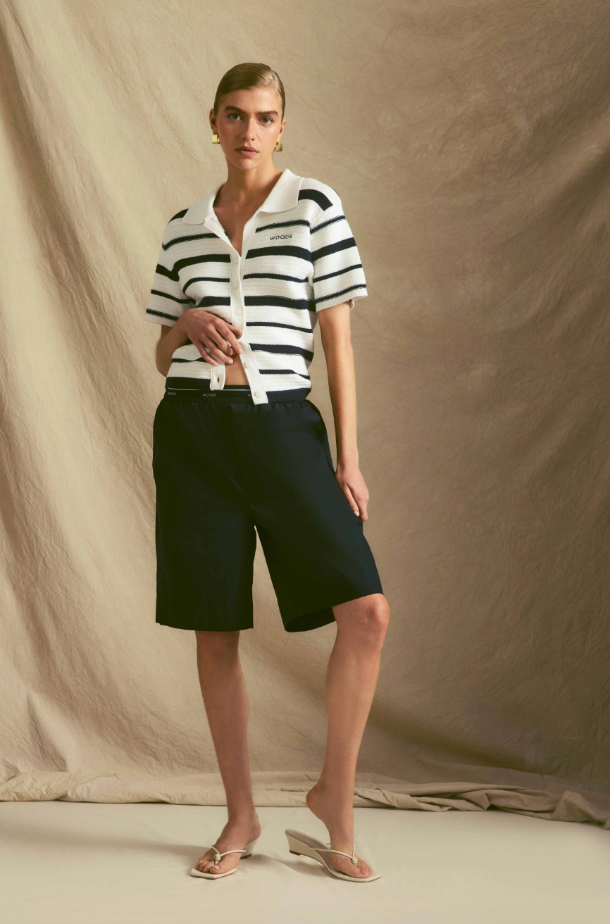 Accordian shirt, navy/ivory stripe