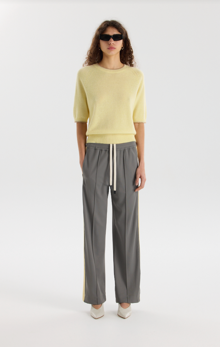 Twill stripe detail pant, pewter/pale yellow