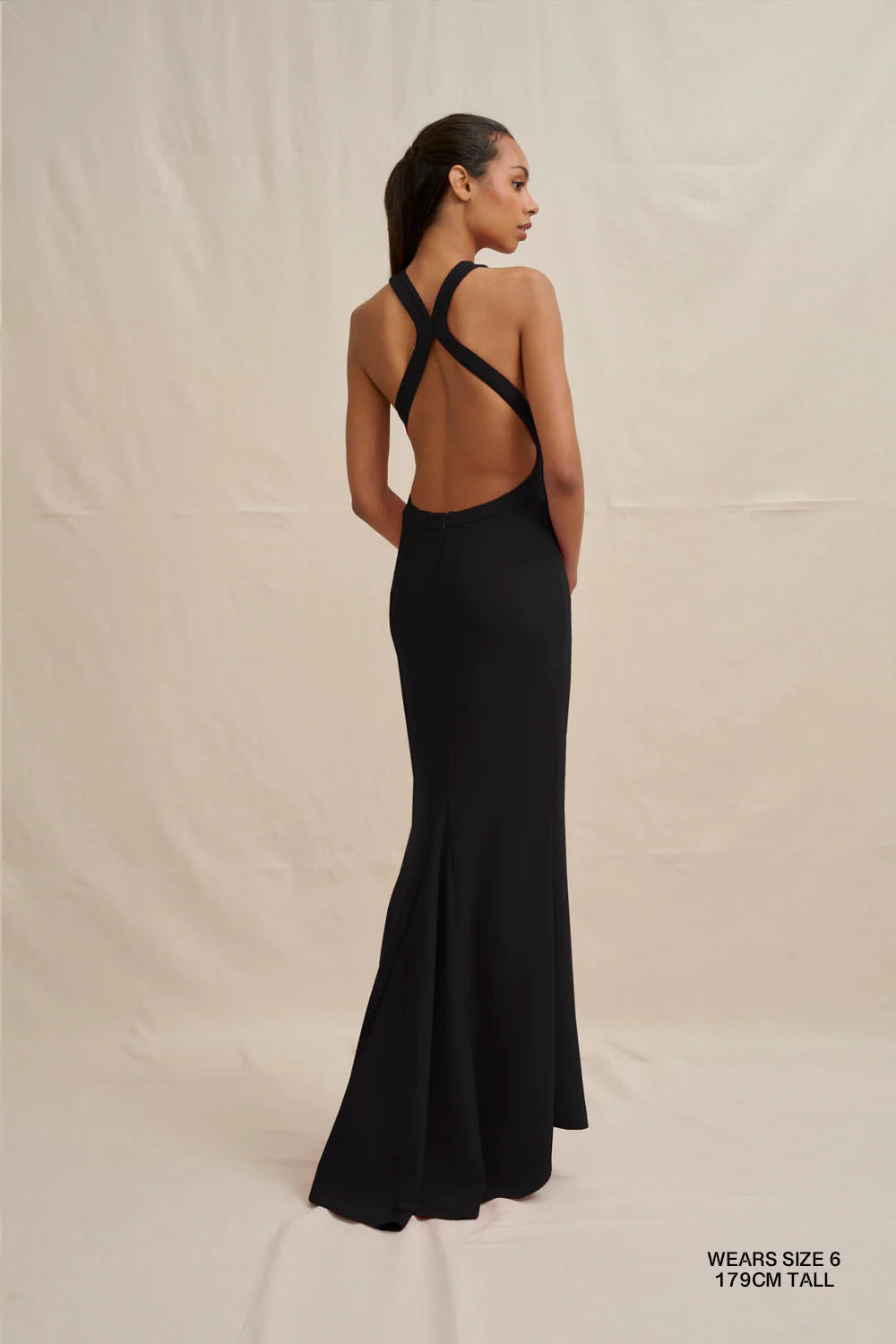 Velora open back jersey gown, black