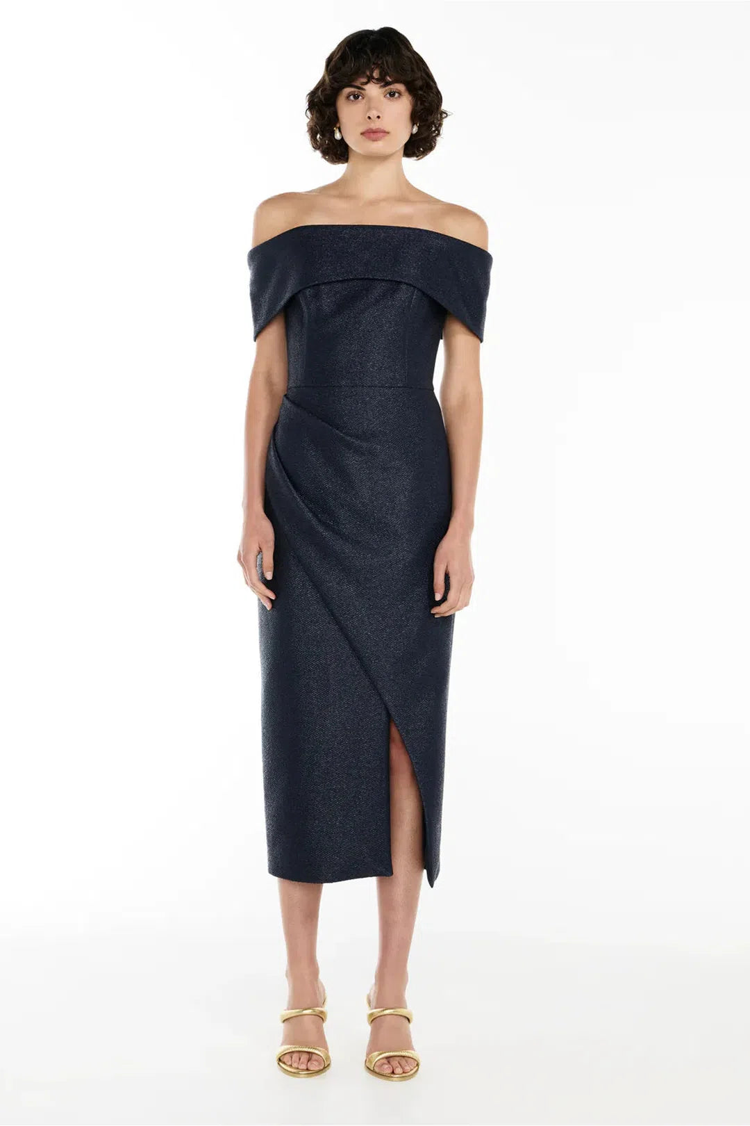 micro weave off shoulder dress, french navy