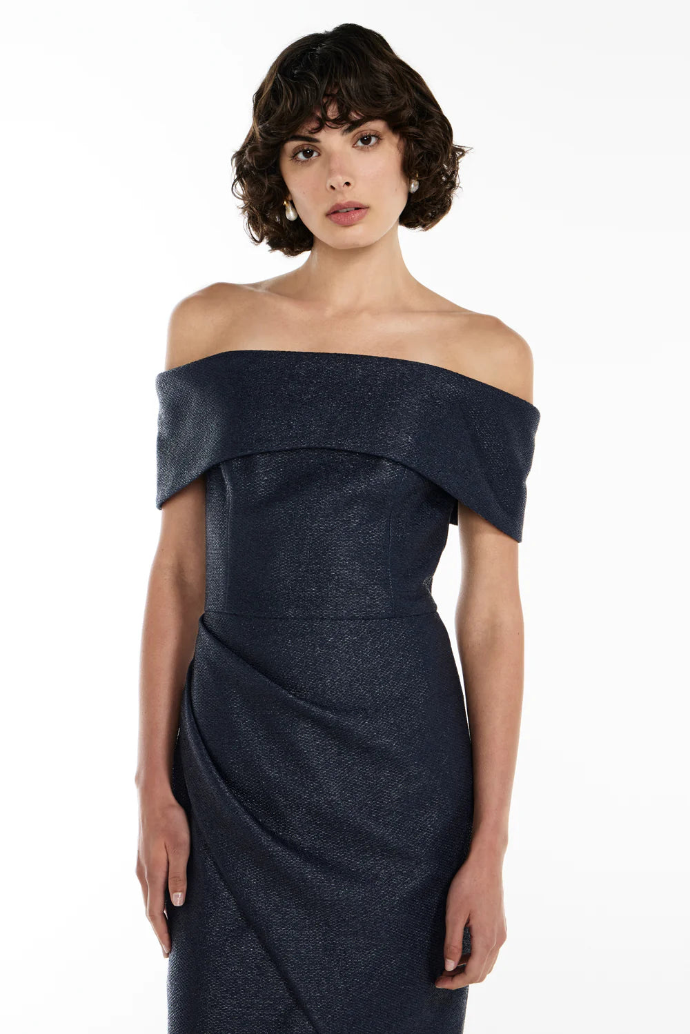 micro weave off shoulder dress, french navy