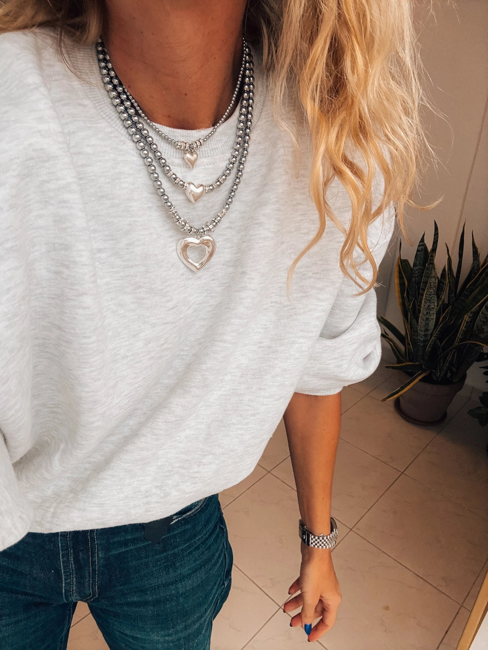 Hematite beaded necklace w/ heart charms, silver