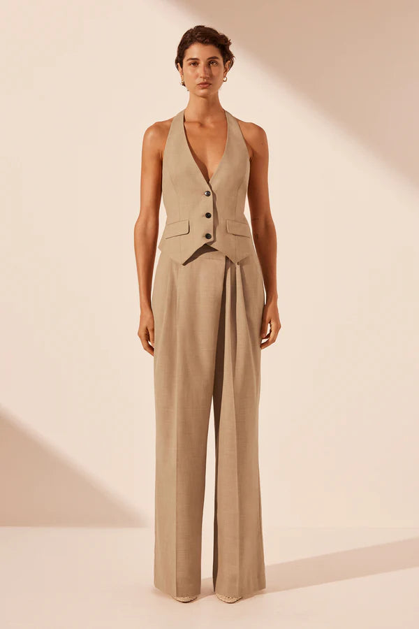 asher asymmetrical pleat front pant - latte