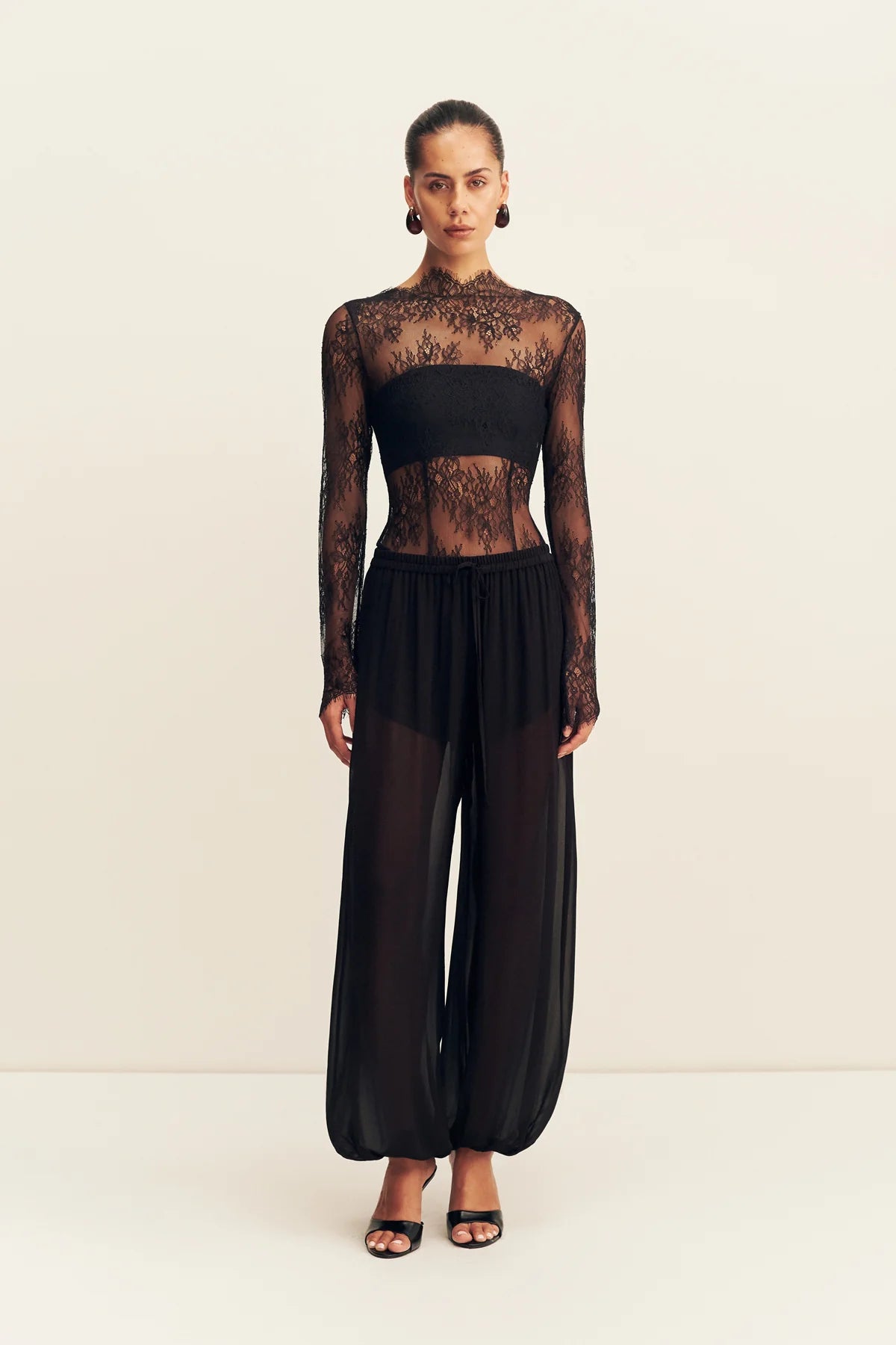 Lambent lace long sleeve bodysuit, black