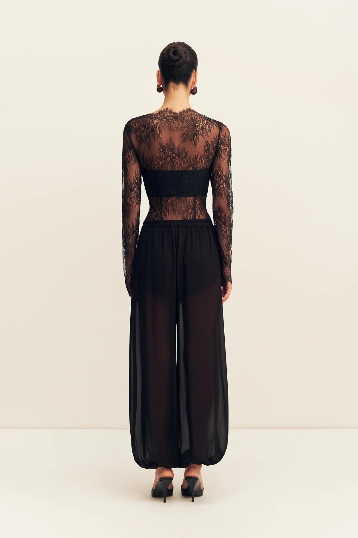 Lambent lace long sleeve bodysuit, black