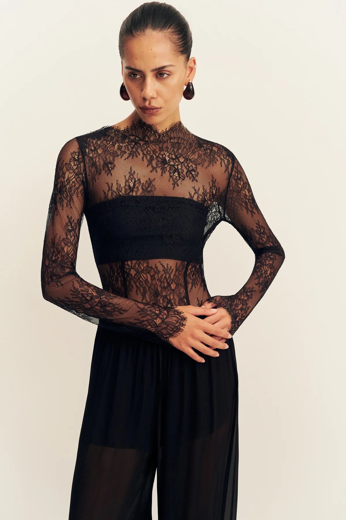 Lambent lace long sleeve bodysuit, black