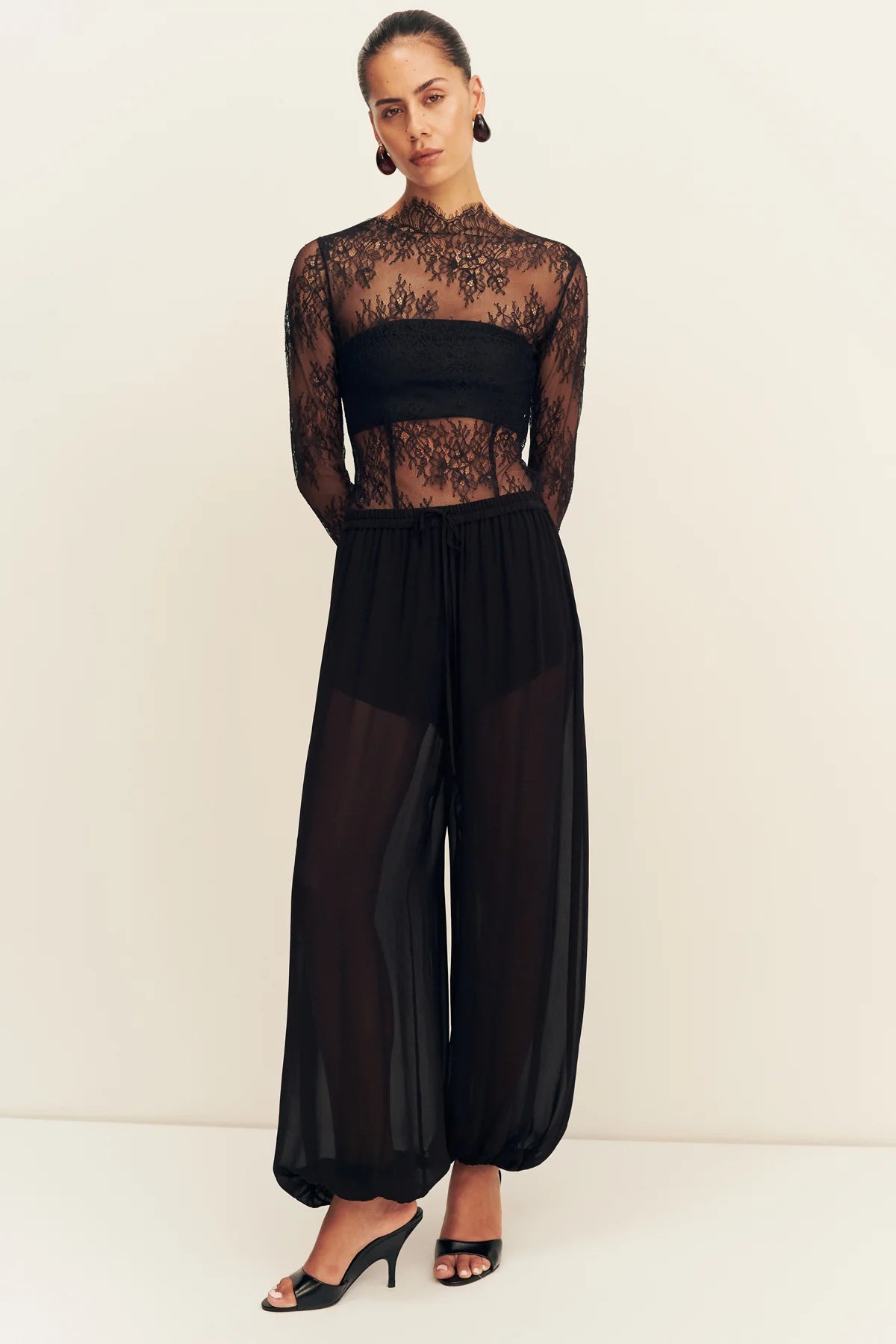 Lambent lace long sleeve bodysuit, black