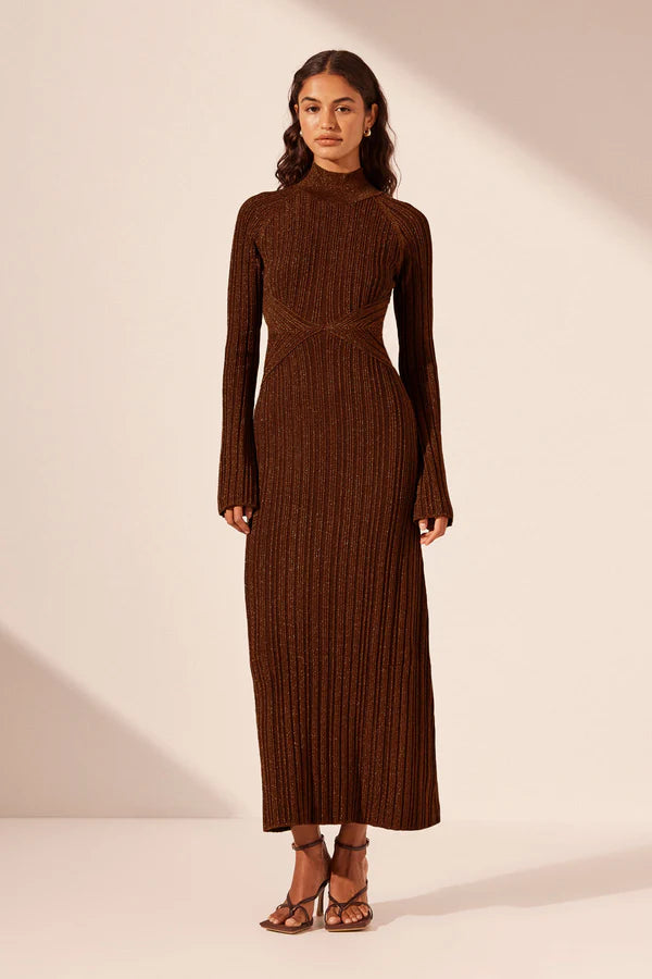 Kamari Long Sleeve Cut Out Midi Dress, Brandy Brown