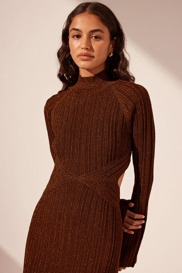 Kamari Long Sleeve Cut Out Midi Dress, Brandy Brown