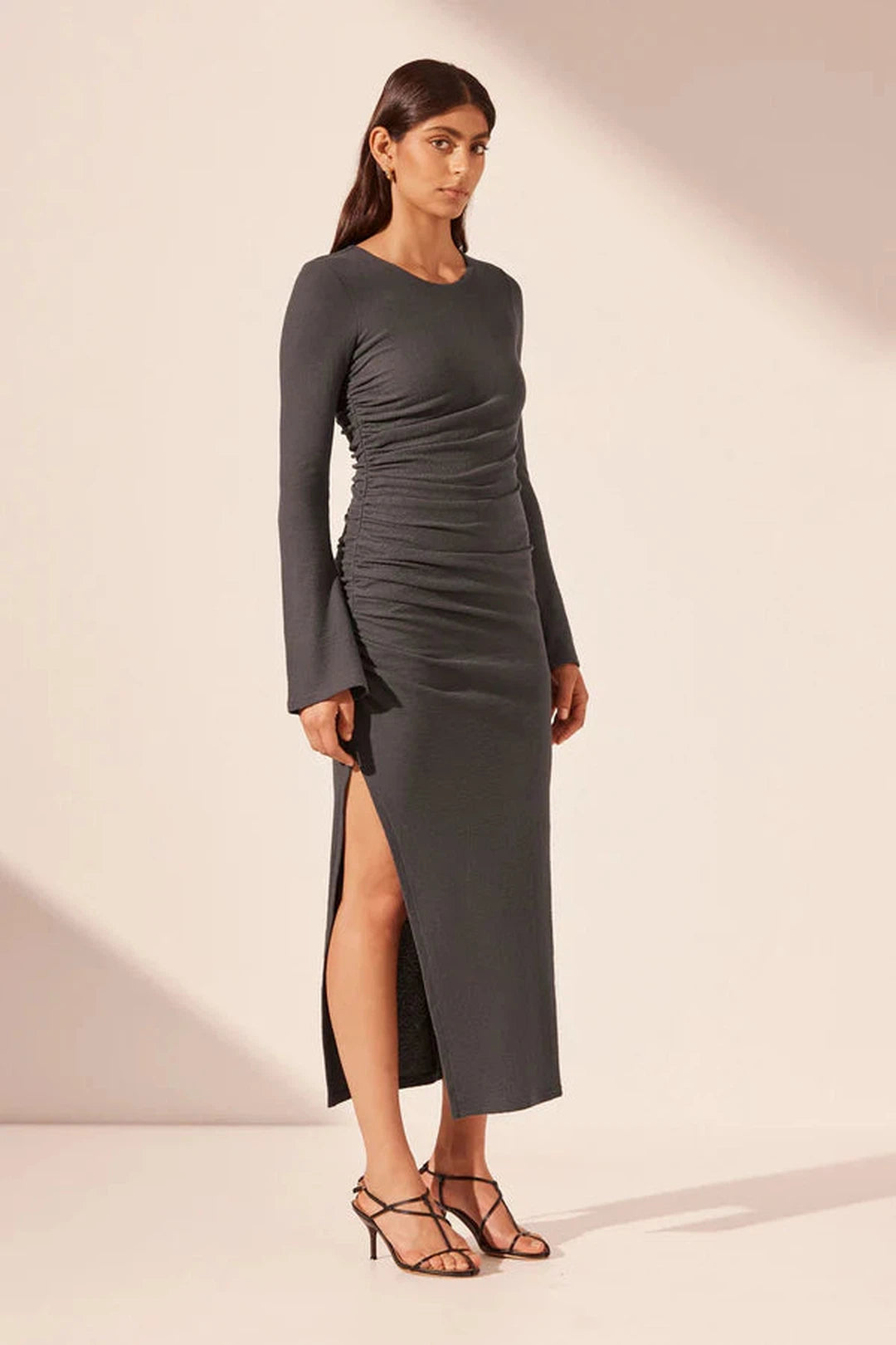 Beau Gathered Long Sleeve Midi Dress - Dark Ash