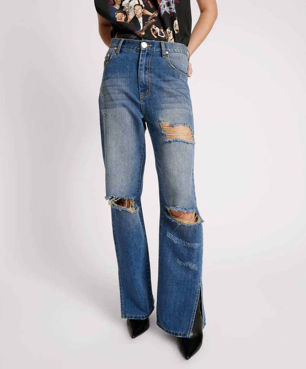 Shredded gold billie low slung straight leg denim