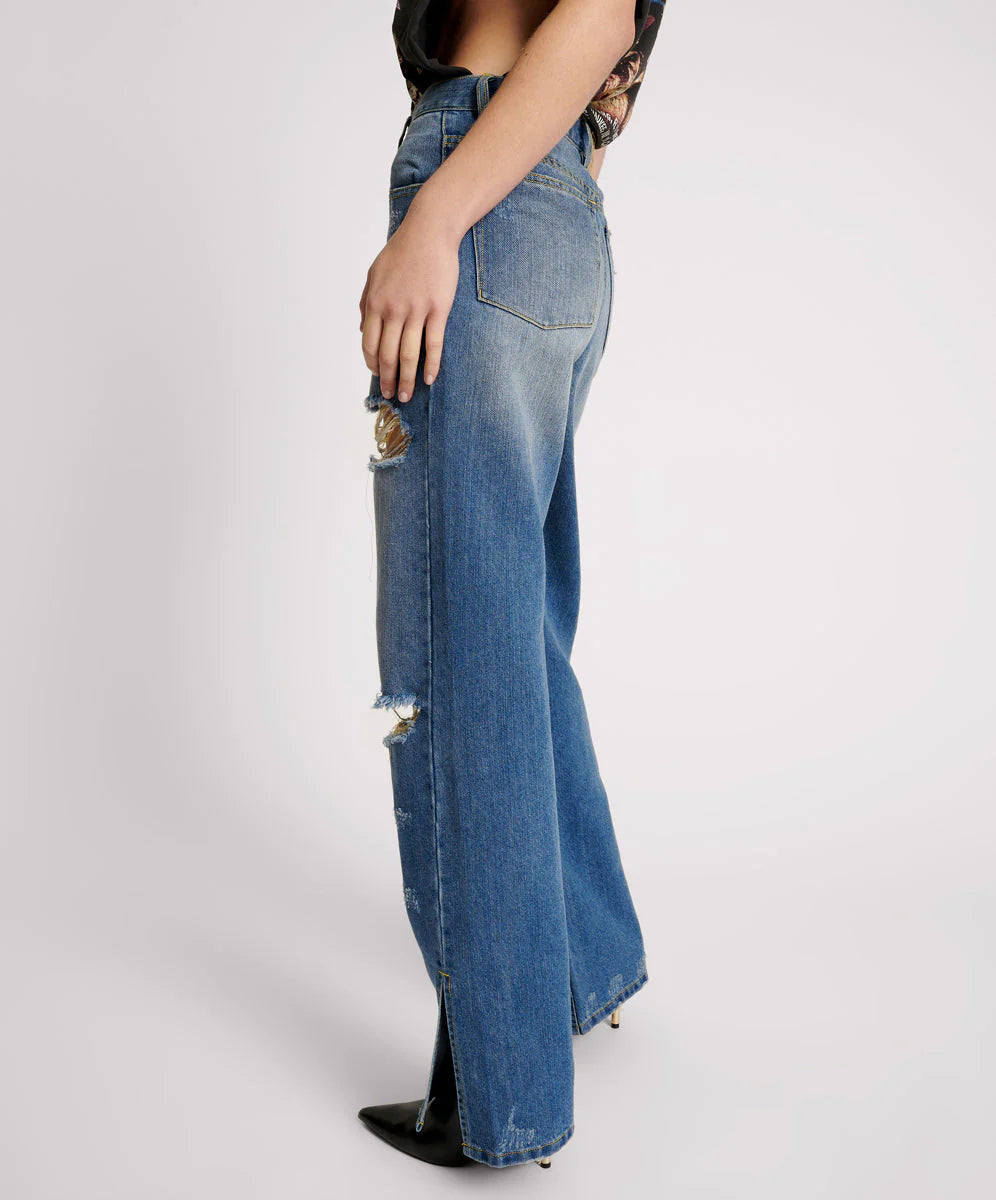 Shredded gold billie low slung straight leg denim