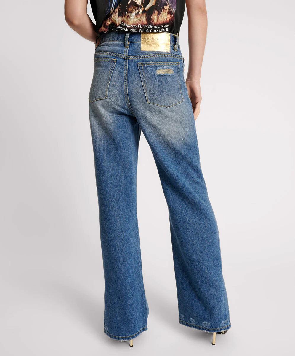 Shredded gold billie low slung straight leg denim