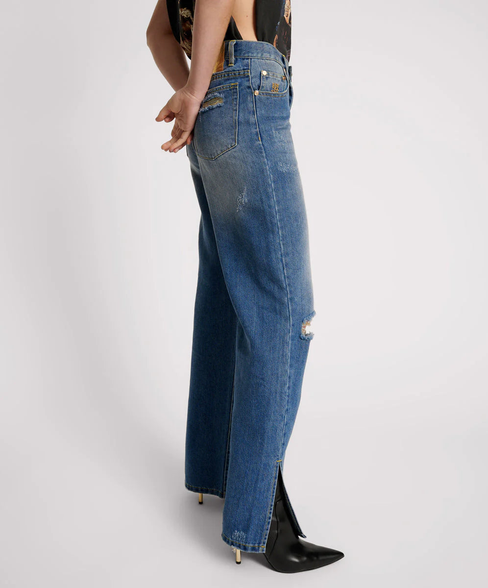 Shredded gold billie low slung straight leg denim