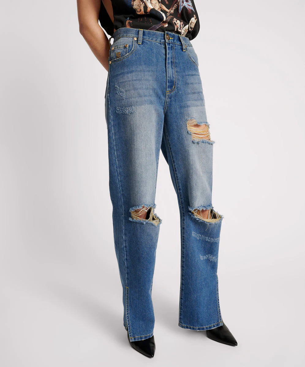 Shredded gold billie low slung straight leg denim