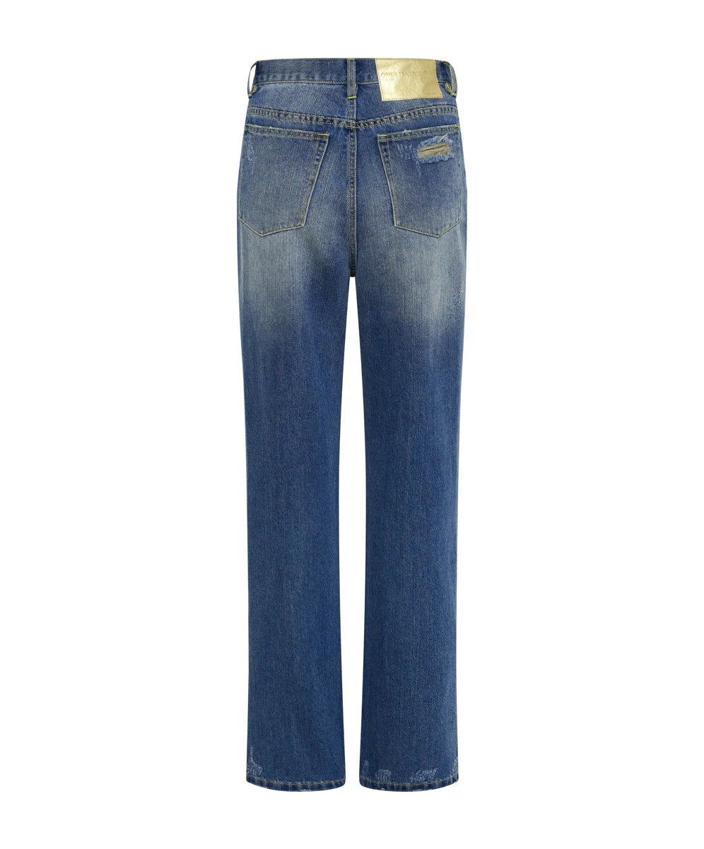 Shredded gold billie low slung straight leg denim