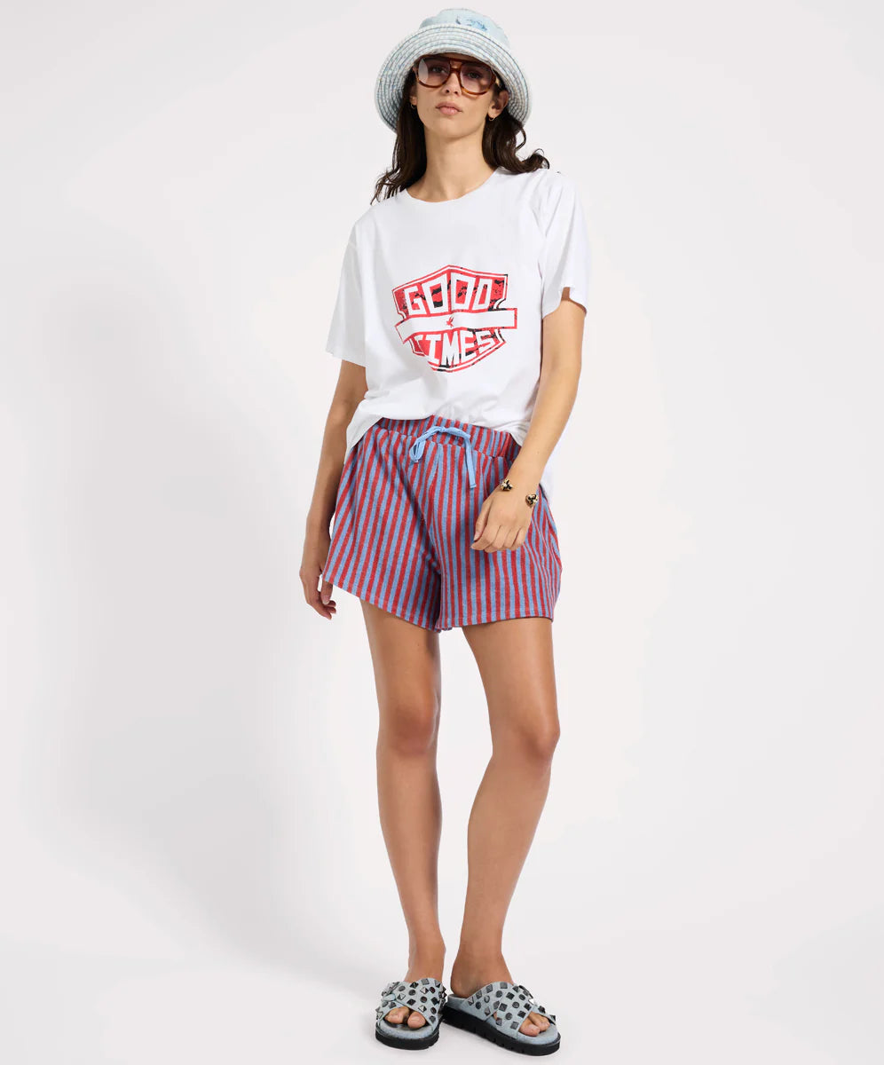 Terry Towel Drawstring Beach Shorts - Red Blue Striped