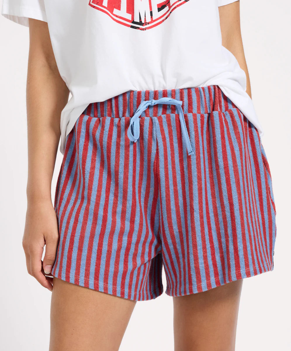 Terry Towel Drawstring Beach Shorts - Red Blue Striped