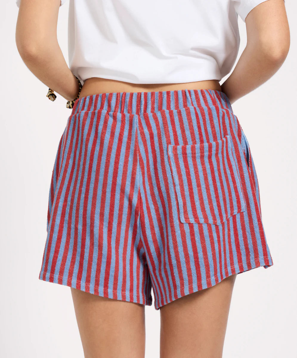 Terry Towel Drawstring Beach Shorts - Red Blue Striped