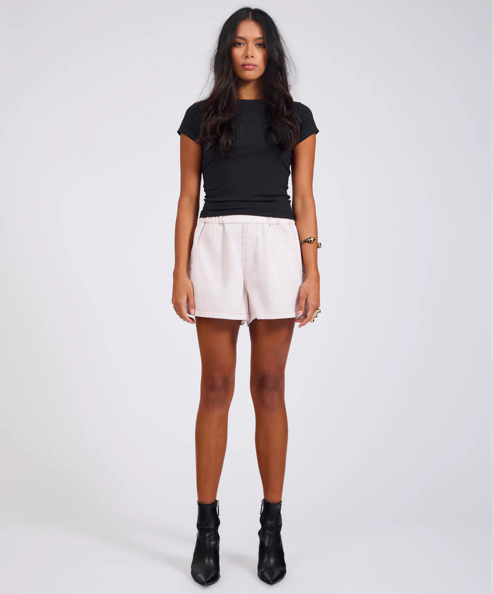 Funks High Waist Elasticated Flippy Denim Shorts - Pink Tint