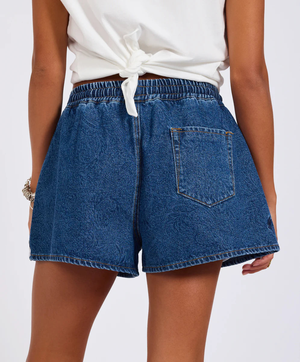 Boxer Drawstring Waist Denim Shorts - Blue Paisley