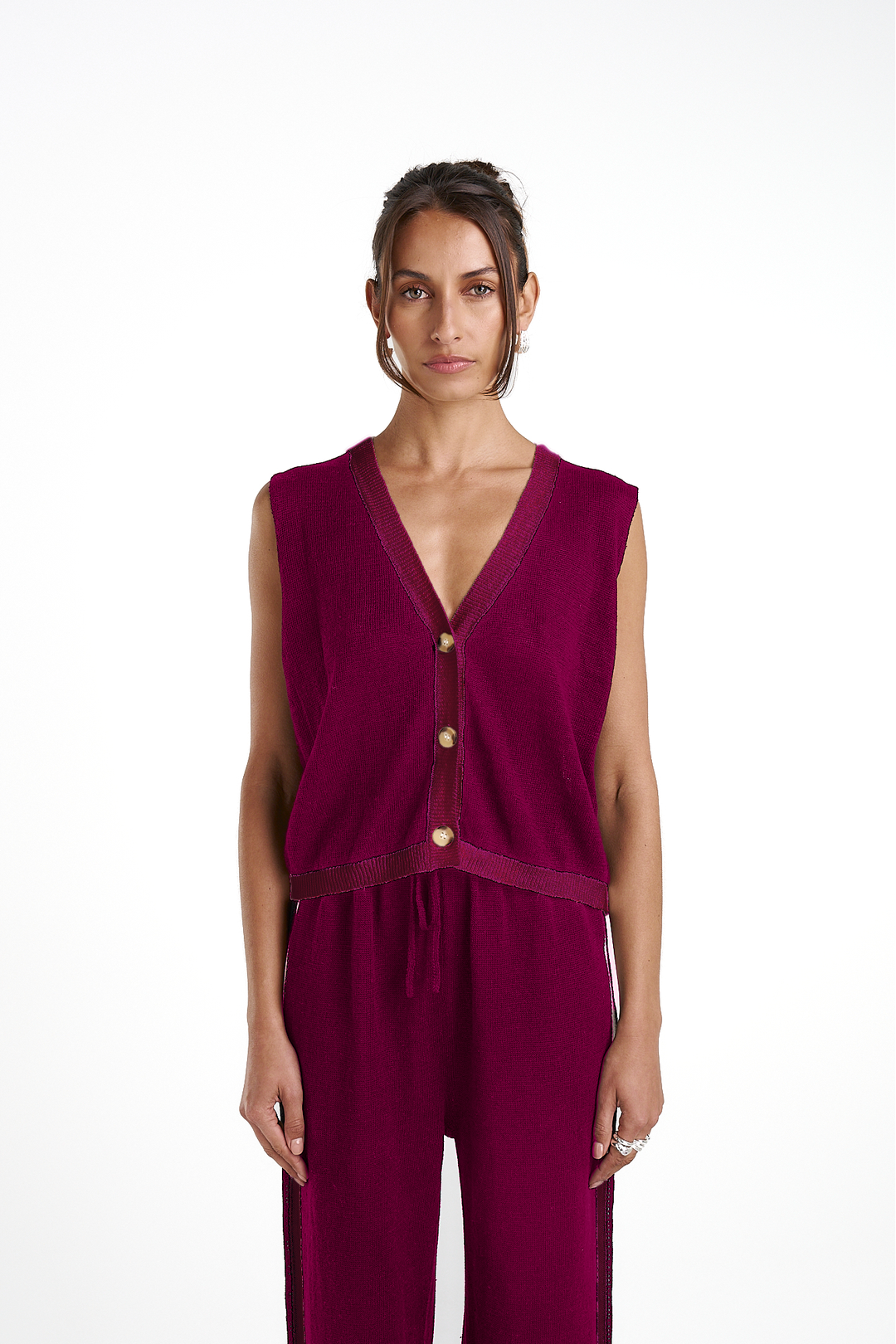 knit sleeveless cardi, plum