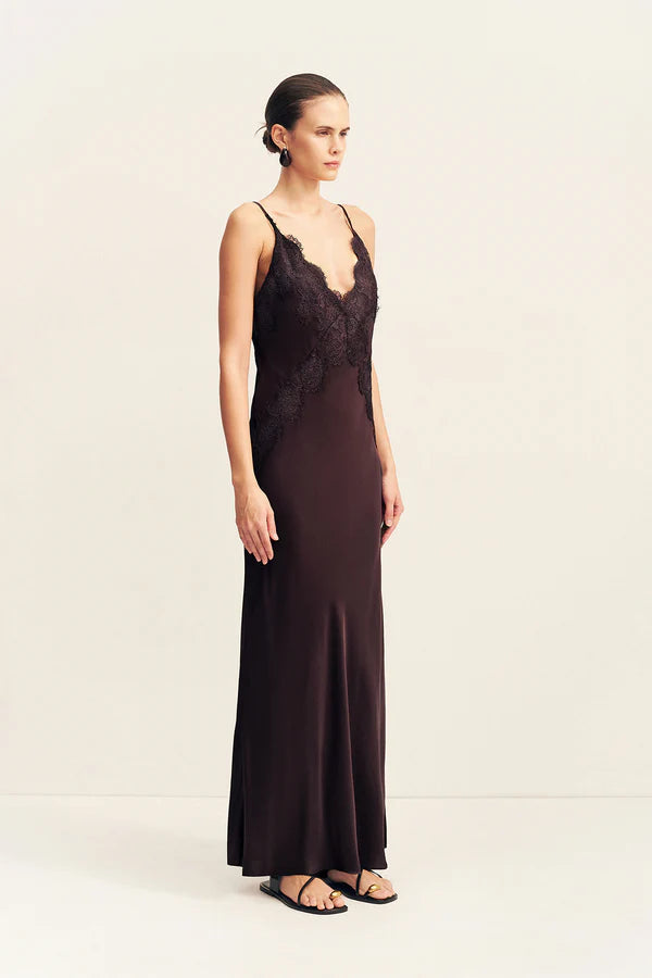 Simona lace slip maxi dress, espresso