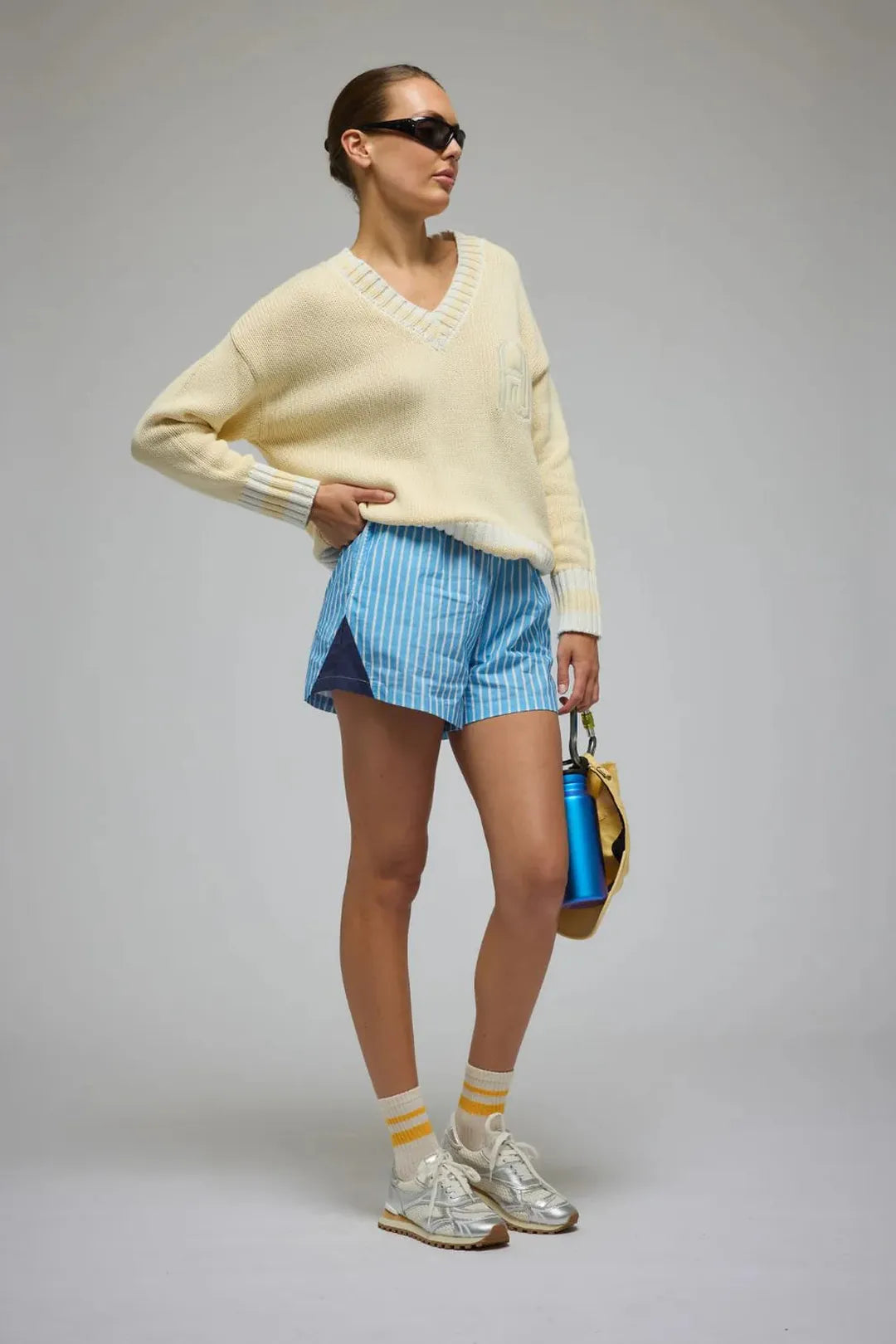 Libby cotton stripe short, sky blue stripe