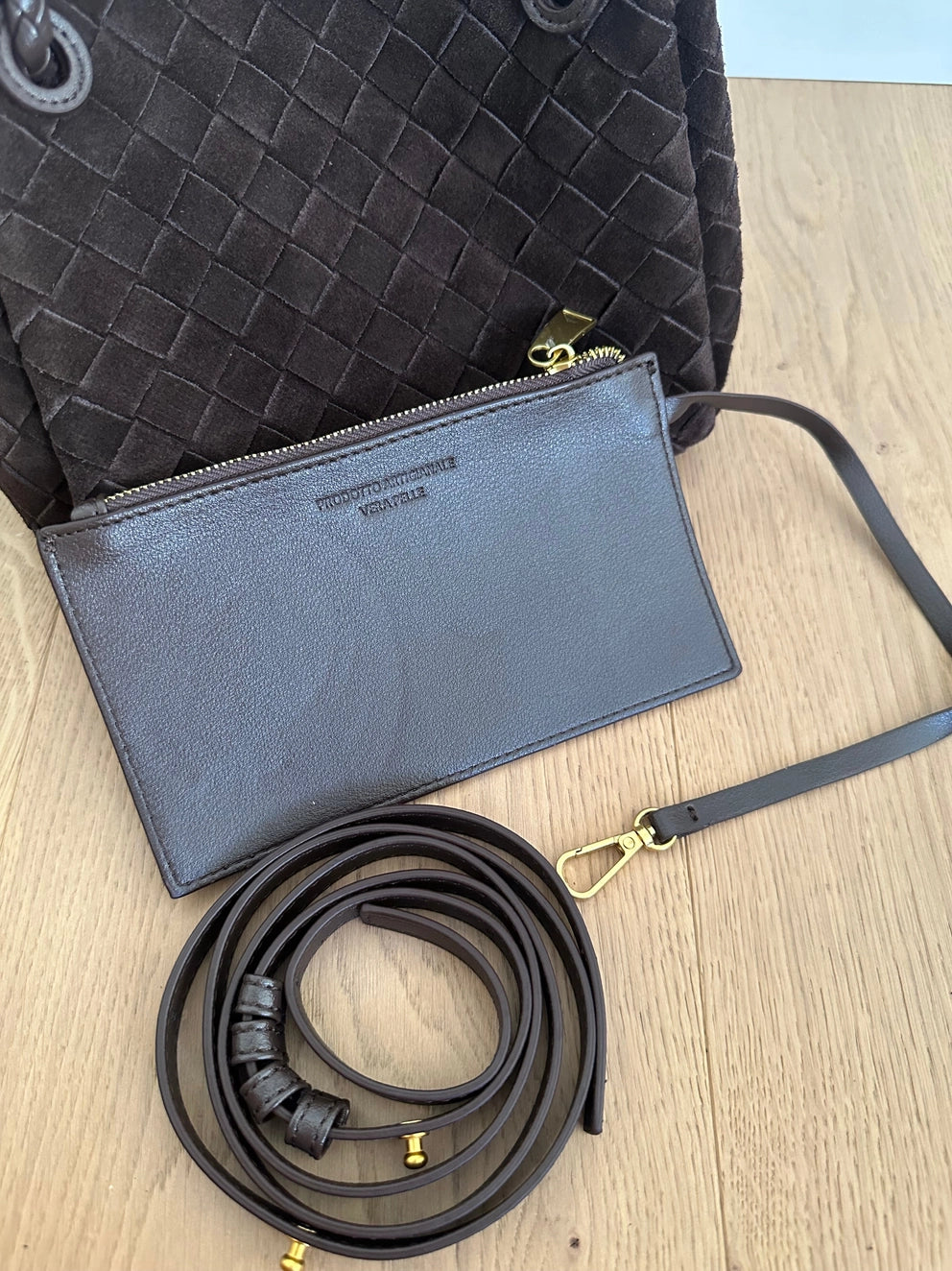 Emma woven suede bag, dark brown