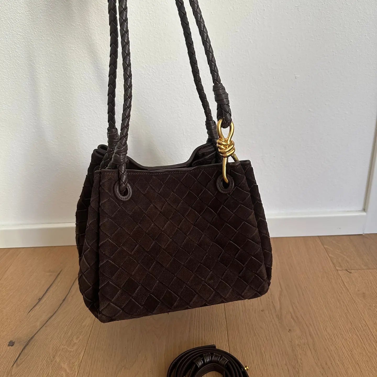 Emma woven suede bag, dark brown