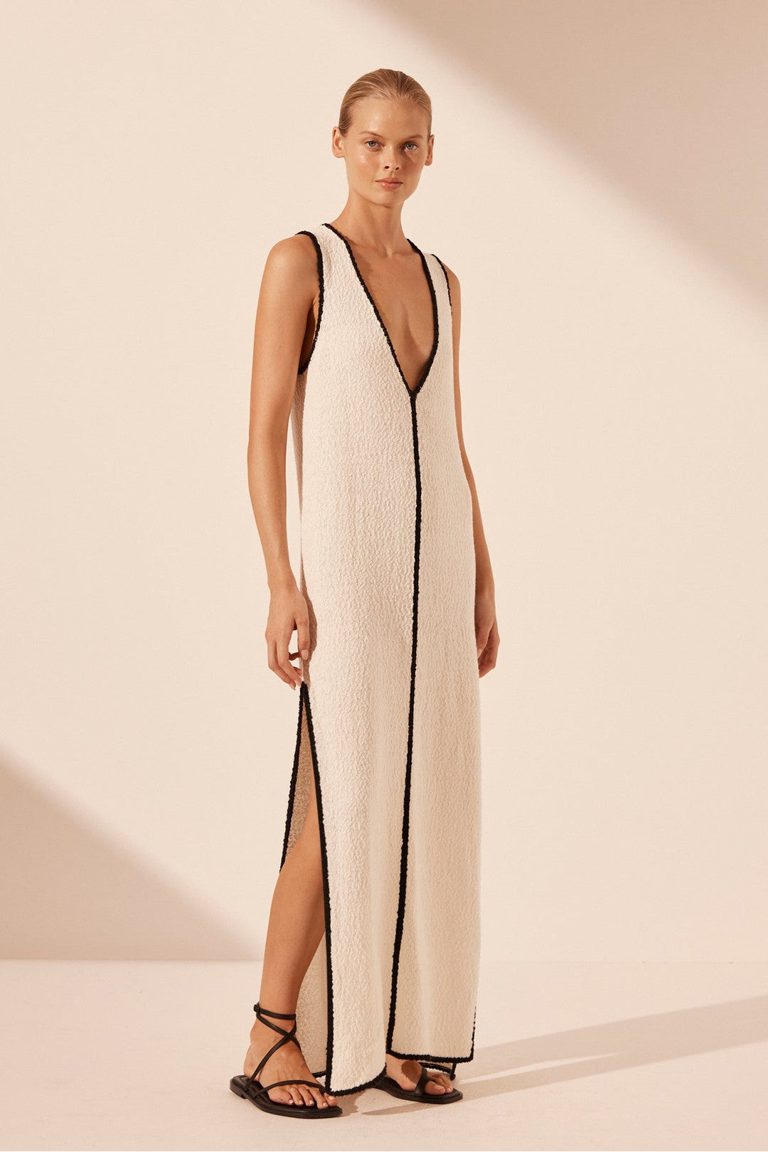 Lena plunged maxi dress, ivory/black