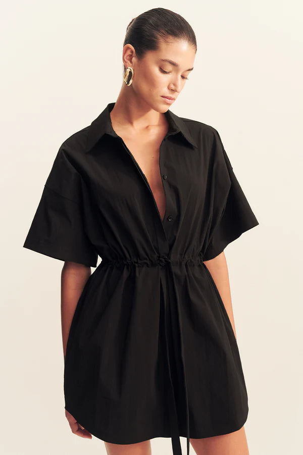 campbell short sleeve drawstring shirt dress - black