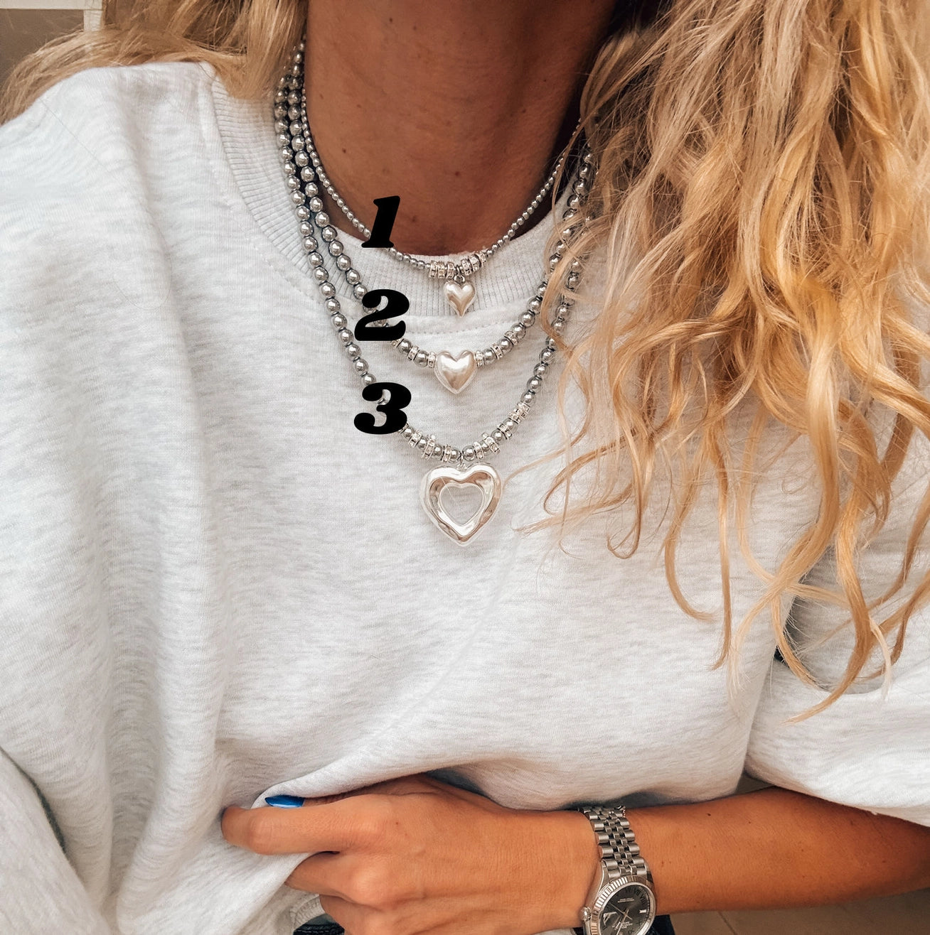 Hematite beaded necklace w/ heart charms, silver