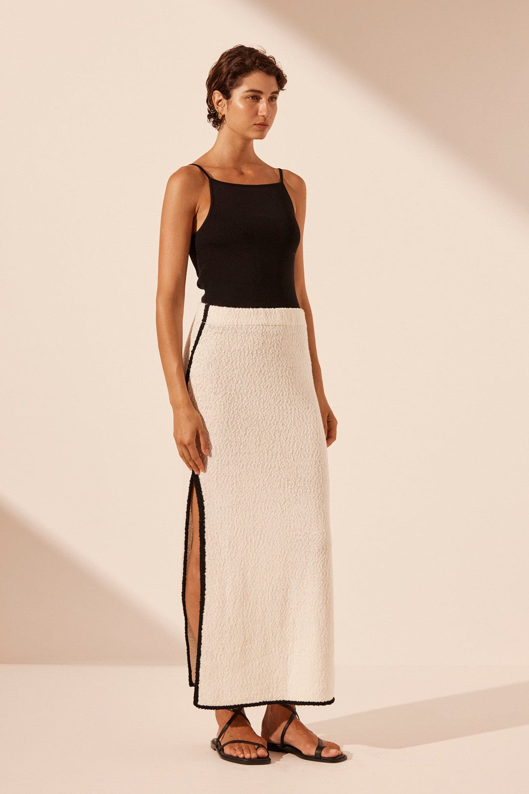 Lena side split maxi skirt, ivory/black