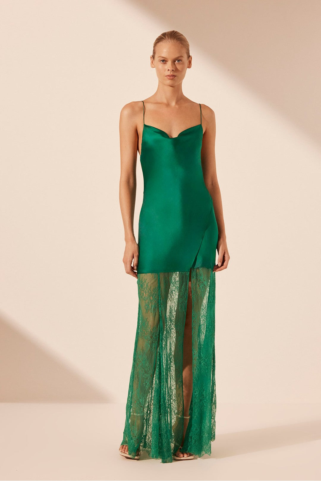 Elle silk lace cowl maxi dress, emerald green